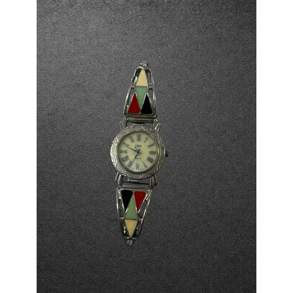 Vintage Collezio Quartz Ladies Watch Silver Tone Multi-Color Enamel For Parts
